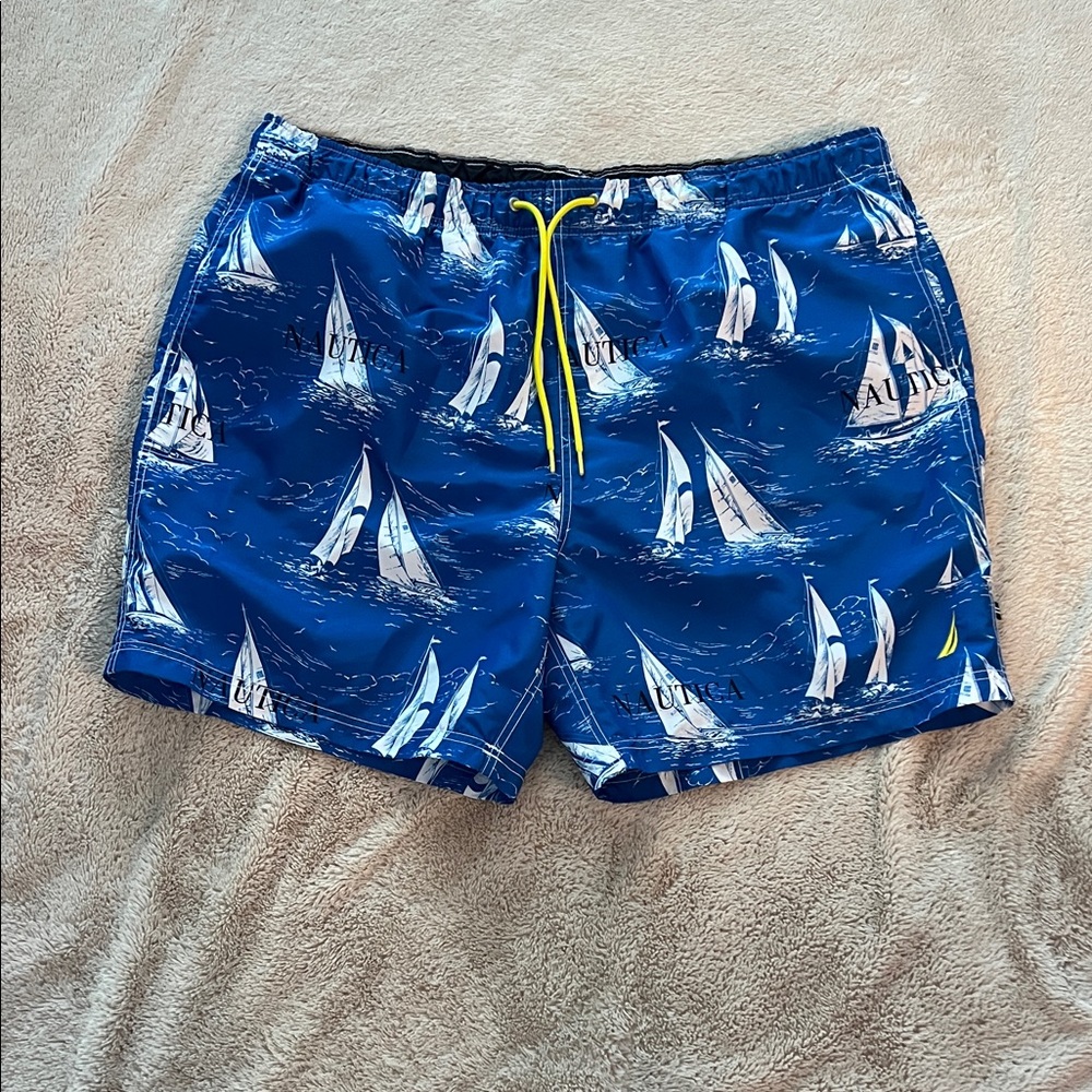 Nautica Royal Blue Sailboat Print Swim Shorts with Yellow Drawstring